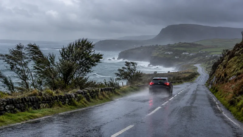 Driving in Northern Ireland in Rain and Wind
